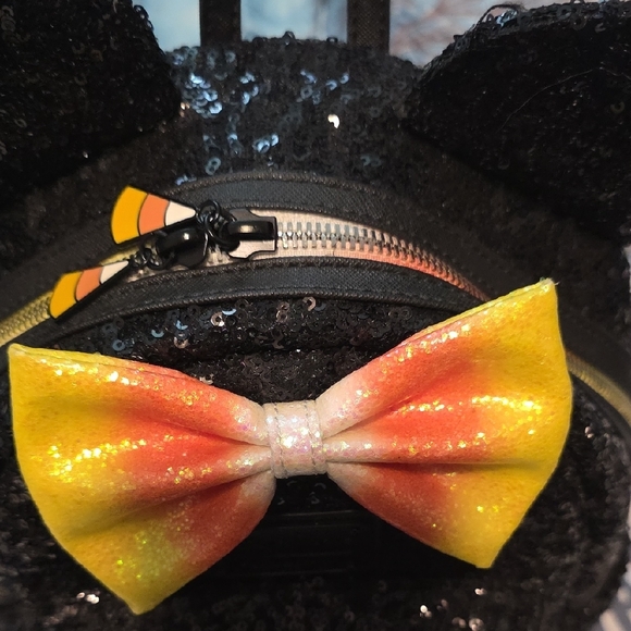 Loungefly Black Sequin Backpack with Yellow and Orange Bow - Picture 5 of 7